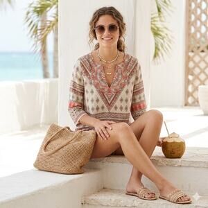 TOMMY BAHAMA Silk Cotton Tunic Top Womens Small Boho Medallion Pink 3/4 Sleeves